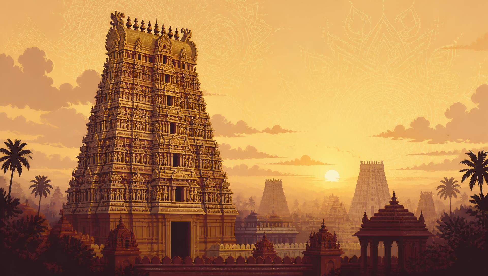 A South Indian gopuram tower glowing at dawn